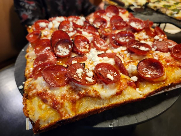 The spicy pepperoni pizza, Detroit-style, from Tratto Avalon Park in Orlando. (Amy Drew Thompson/Orlando Sentinel)