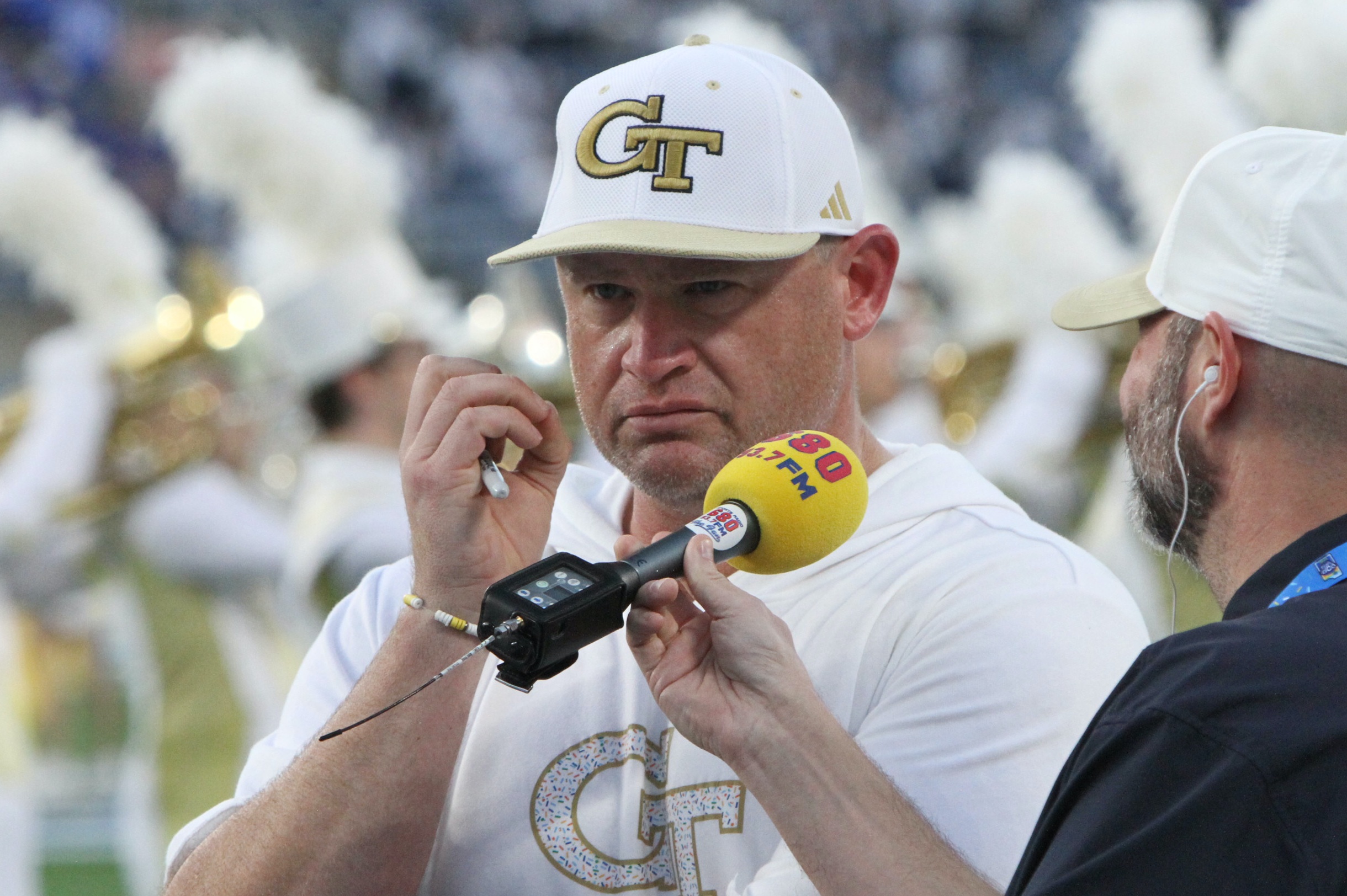 Georgia Tech football coach Brent Key is interviewed at halftime...