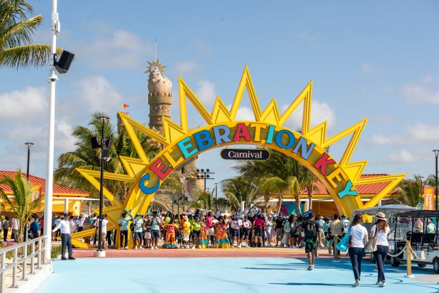 Carnival Cruise Line's Celebration Key opens to guests for the first time on July 19, 2025 on Grand Bahama Island. The 68-acre destination features large freshwater lagoons, a 10-story sandcastle with water slides, Bahamian vendors, swim-up bars and more. (Patrick Connolly/Orlando Sentinel)