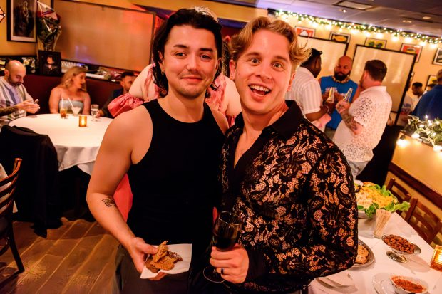 Michael Reichert, left, who performs as Myki Meeks, and "From Here" cast member Kyle Ashe Wilkinson, enjoy the show's opening-night party in New York. (Courtesy Ashleigh Ann Gardner via Renaissance Theatre)