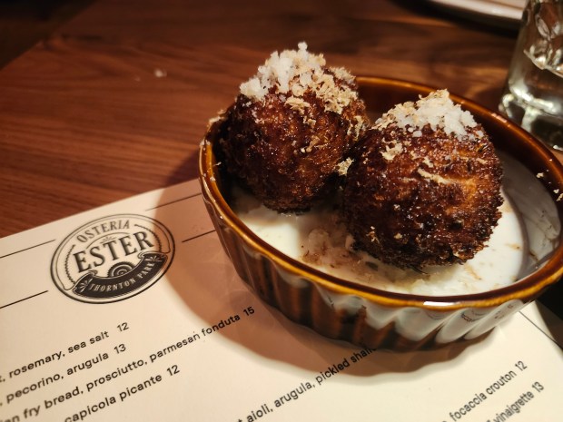 Pint-sized mushroom arancini was a fun treat for guests during Osteria Ester's preview service. Regular service begins Dec. 9. (Amy Drew Thompson/Orlando Sentinel)