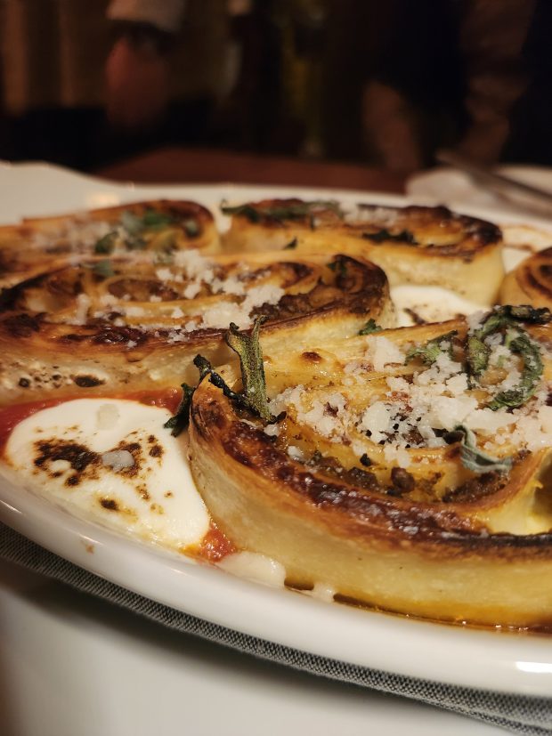 Lasagna rotolo, $36, easily serves two. (Amy Drew Thompson/Orlando Sentinel)