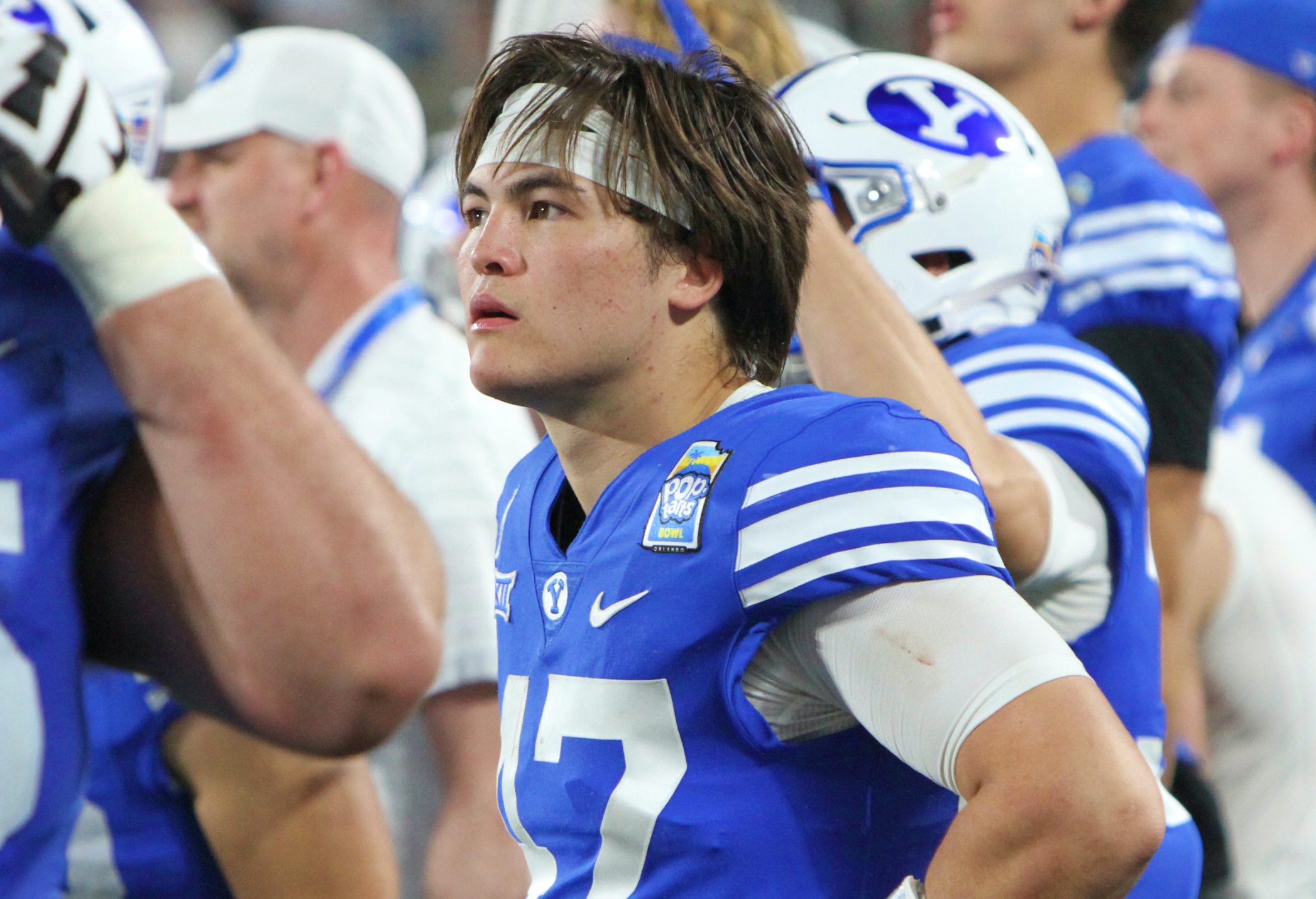 BYU quarterback Bear Bachmeier looks on during Georgia Tech final...