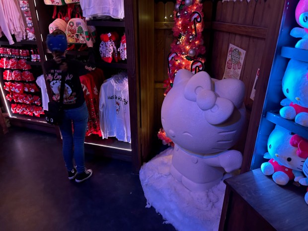 Tribute Holiday Market, a seasonal merchandise store, is now open at Universal Studios theme park. A snowy version of Hello Kitty is one of the props in the store. (Dewayne Bevil/Orlando Sentinel)
