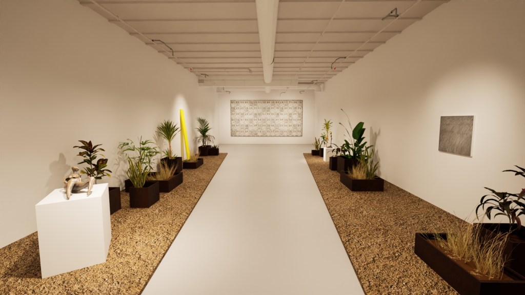 photo of a white room with a framed artwork on the back wall and plants and sculptures on white pedestals to the left and right of a white runway