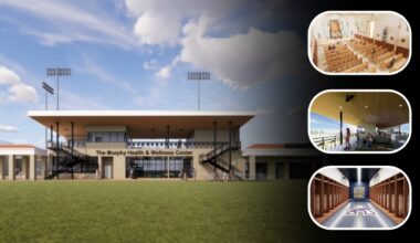 Collage showing the new Murphy Health and Wellness Center at Academy of the Holy Names with renderings of the restored chapel, second floor terrace, and upgraded athletic locker room.