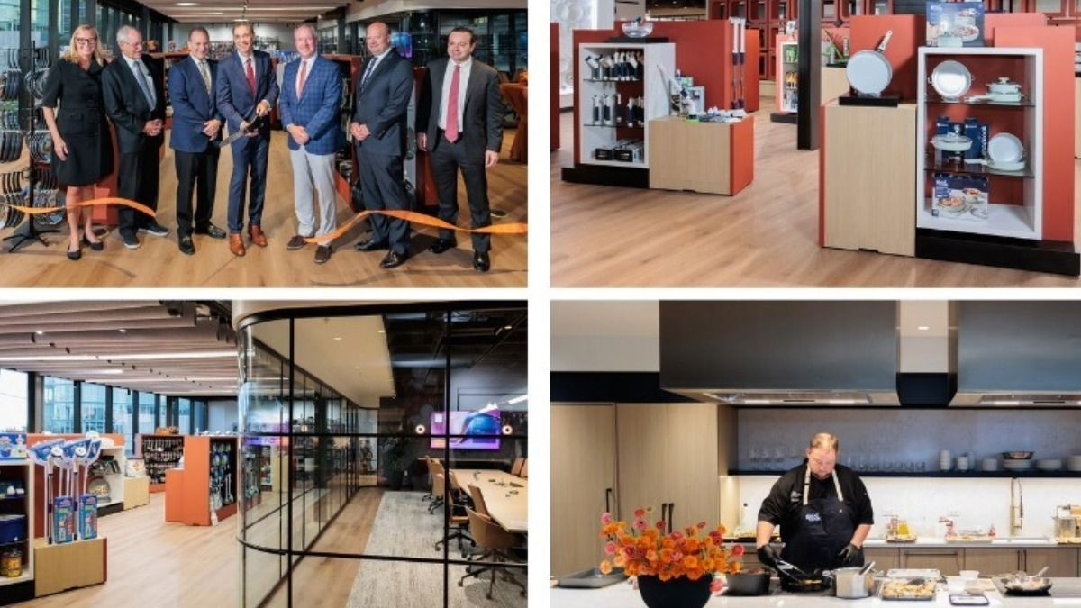 A collage of four images showing the opening of a new innovation and experience center in South Tampa. The first image shows a ribbon cutting with executives standing in a row inside the facility. The second image shows product displays with kitchenware and housewares on modern shelving. The third image shows an open workspace with glass meeting rooms and product shelves. The fourth image shows a chef preparing food inside the center’s full test kitchen.