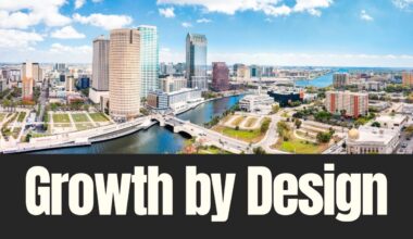 Aerial view of downtown Tampa and the Riverwalk, highlighting the city’s skyline, waterways and planned urban development.