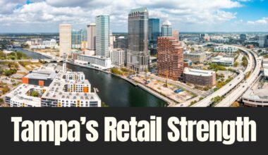 Aerial view of downtown Tampa showing the Hillsborough River, Riverwalk, office towers and surrounding commercial development.