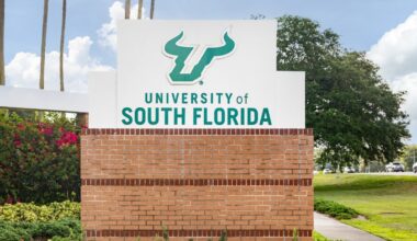 University of South Florida entrance sign with the USF Bulls logo on a brick and white monument surrounded by landscaping.