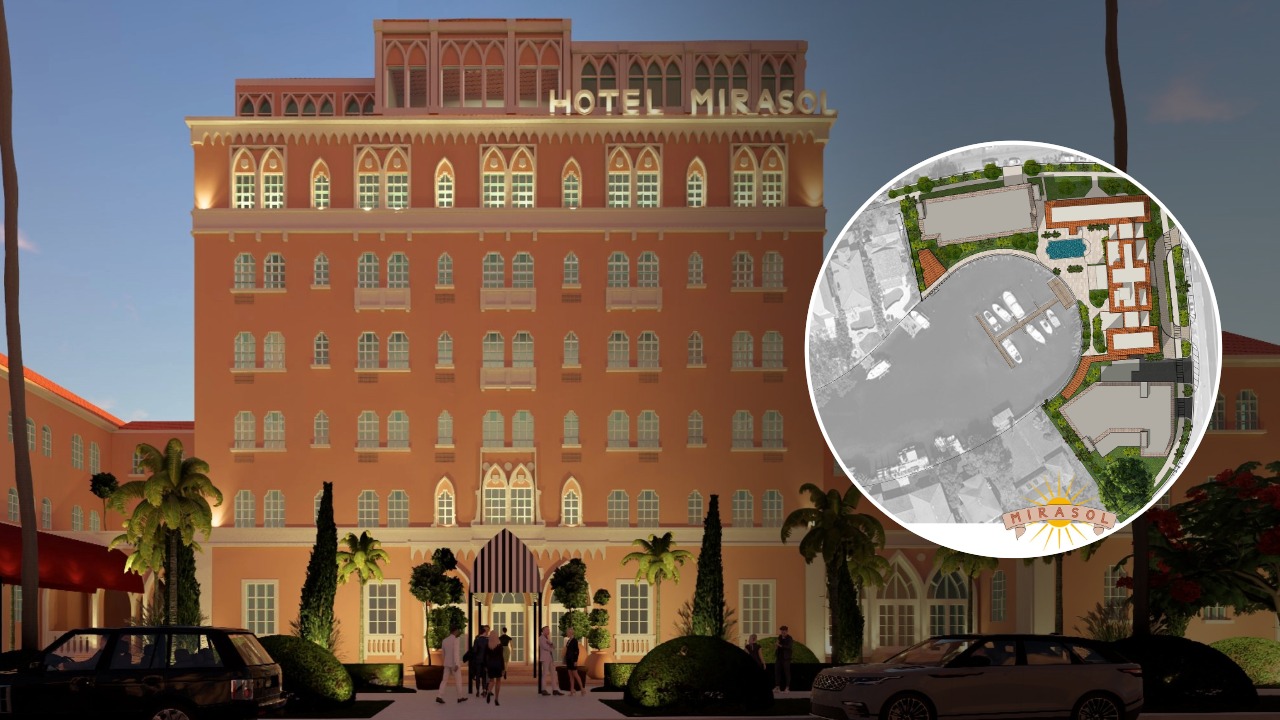 Rendering of the restored Hotel Mirasol on Davis Islands at dusk, showing its Mediterranean Revival architecture with arched windows, palm trees, and guests at the entrance. An inset site plan highlights the redesigned waterfront layout, including new residences, hotel suites, pool area, gardens, and marina access.