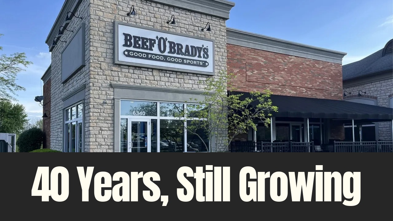 Exterior of a Beef O’Brady’s sports pub location, highlighting the brand’s continued expansion as it marks 40 years in business.