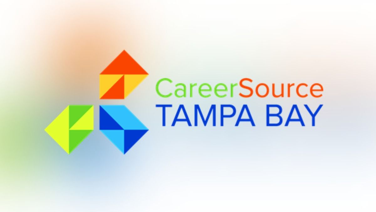 CareerSource Tampa Bay logo featuring four geometric shapes in orange, green, blue, and light blue, arranged in a triangular formation with the words “CareerSource” in green and orange and “TAMPA BAY” in blue.