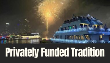 Fireworks light up Tampa Bay as a Starship cruise vessel passes the downtown waterfront during New Year’s Eve celebrations.