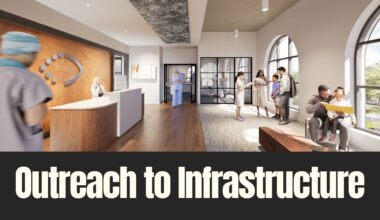 Rendering of Lions World Vision Institute’s planned Vision Health Center interior in Ybor City, showing a reception area, exam spaces and families receiving care.