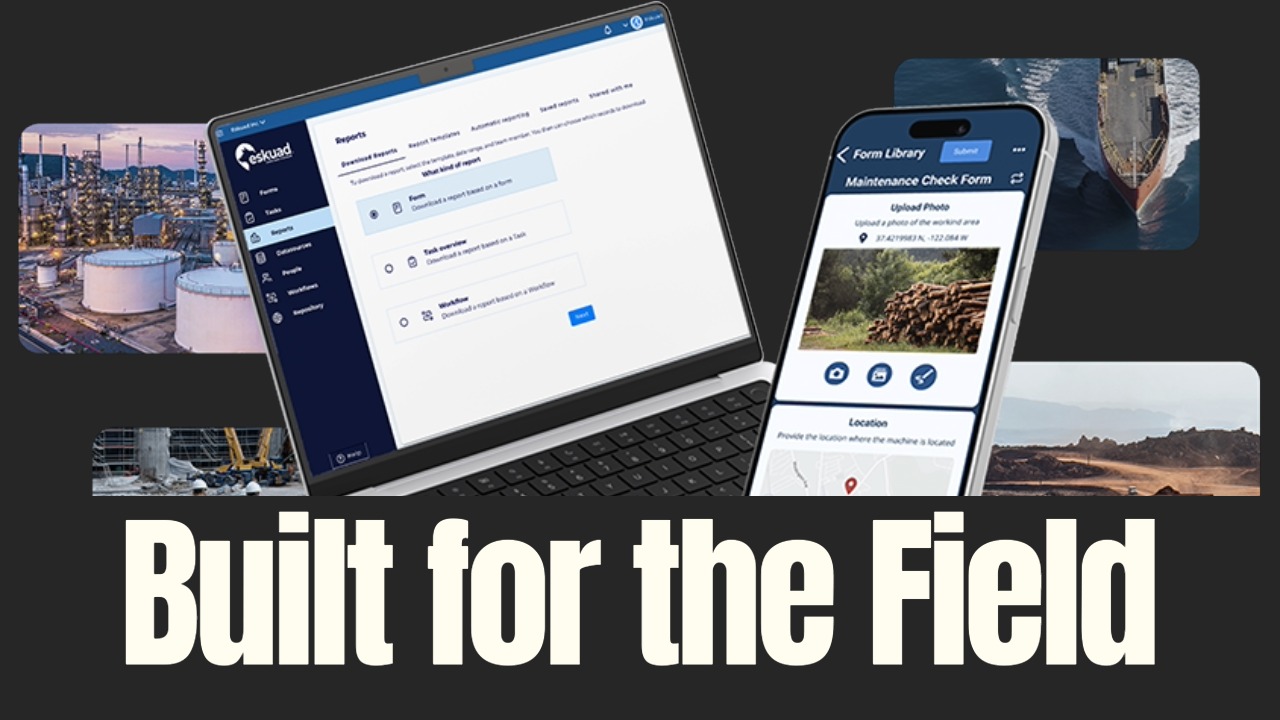 Eskuad field operations platform displayed across desktop and mobile devices, showing offline reporting tools designed for remote industrial environments.