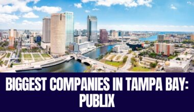 Downtown Tampa skyline along the Hillsborough River with an overlay reading “Biggest Companies in Tampa Bay: Publix.”