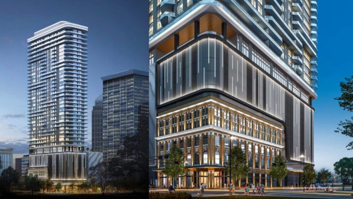 Rendering of ONE Tampa, a luxury residential tower rising in downtown Tampa with ground-floor retail and illuminated architectural details at street level.