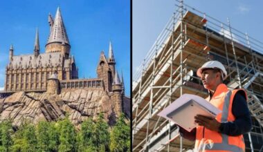 Left: Hogwarts castle atop a hill. Right: Universal Orlando Resort heme park staff in safety vest with clipboard at an immersive attraction under construction.