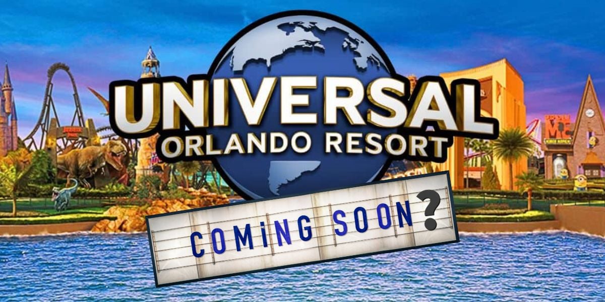 Universal Orlando Resort logo with a "Coming Soon?" sign, surrounded by iconic park attractions and architecture in the background, signaling something new on the horizon.