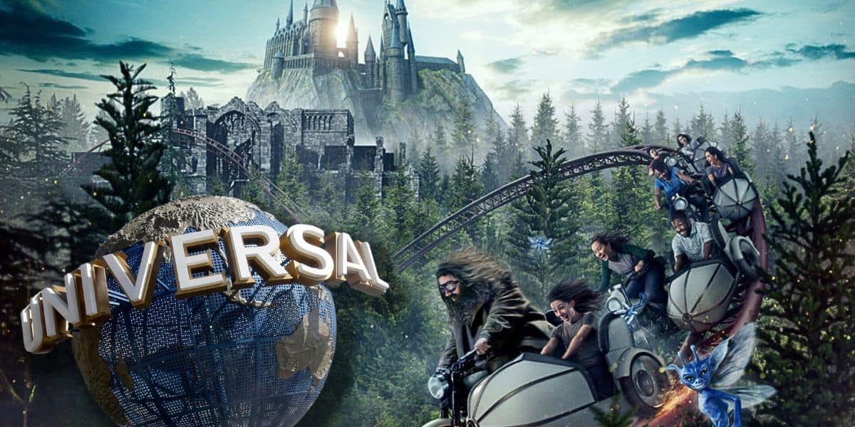 The Universal globe next to guests riding on the Harry Potter attraction, Hagrid's, inside Islands of Adventure.