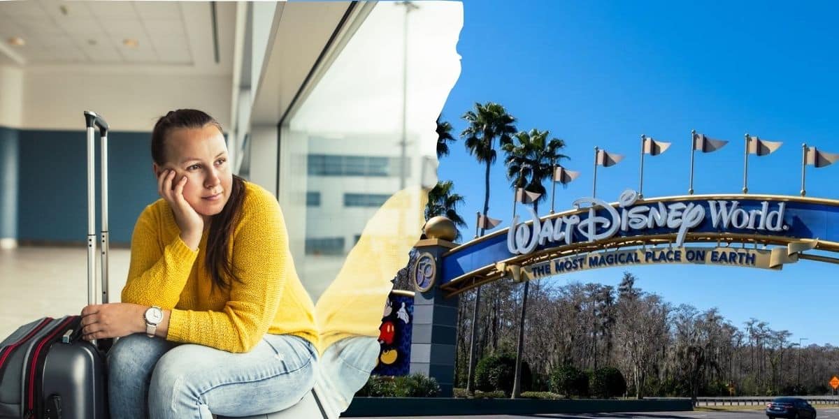Walt Disney World Resort to the right of the image and a woman in an airport delayed to the left of the image, with a guest waiting at a Florida airport, as Spirit Airlines ends service to 12 cities.