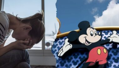 The image is split into two: on the left, a Disney adult sitting in a Florida Airport appears upset with their head in their hands; on the right, a large Mickey Mouse figure is displayed against a blue sky, reminiscent of Disney World travel.