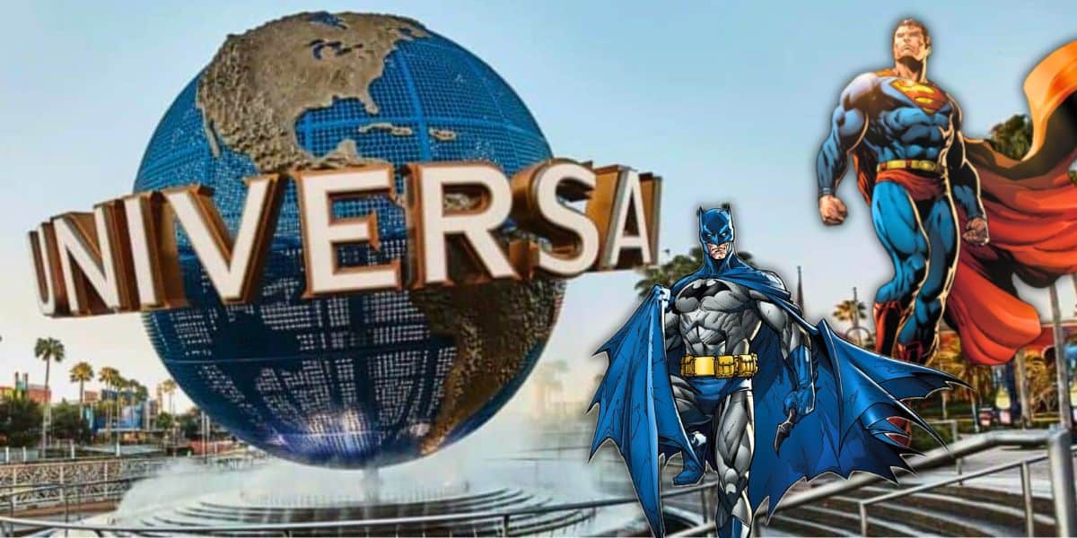 The iconic Universal Studios globe with Batman and Superman welcoming guests at the Universal Orlando park entrance.