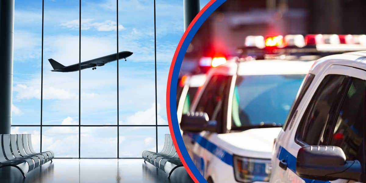 A split image shows an airplane taking off seen through large airport windows on the left, and Florida Police cars with flashing lights parked in a row on the right with Disney World guests on the plane.
