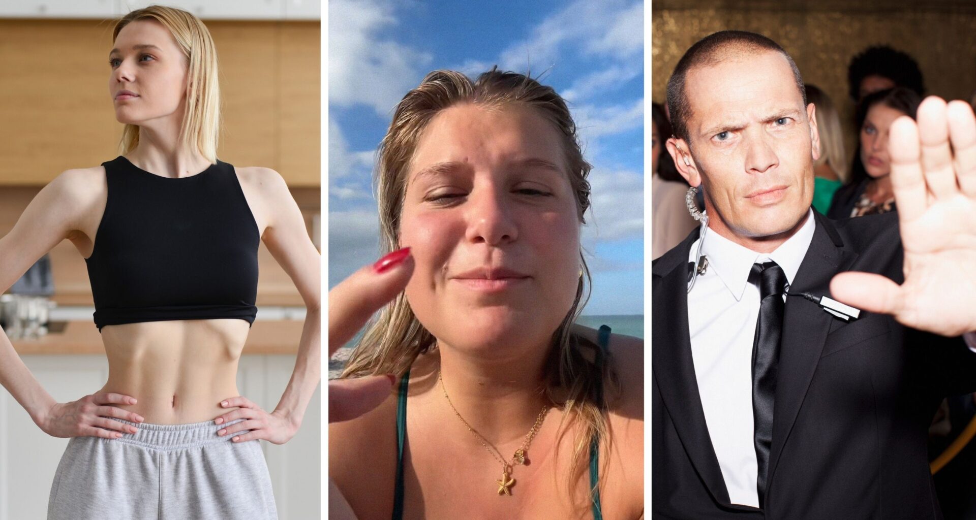 woman sucking in stomach (l) woman shares how to get in a club (c) club security (r)