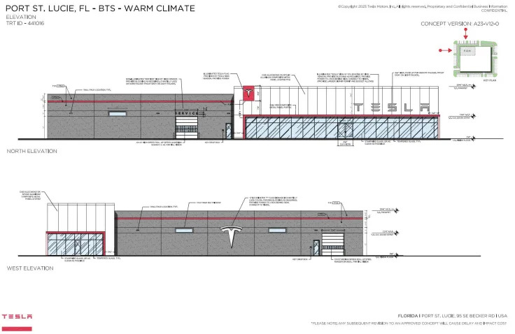 A rendering shows architectural plans for the proposed Tesla store and service center on SW Becker Road near Interstate 95 in Port St. Lucie.