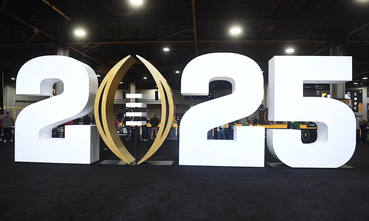 ATLANTA, GEORGIA - JANUARY 18: A detailed view of the 2025  College Football Playoff National Championship logo on display at 2025 CFP National Championship Playoff Fan Central at Georgia World Congress Center on January 18, 2025 in Atlanta, Georgia. (Photo by Paras Griffin/Getty Images)