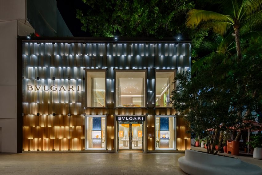 Bulgari store facade, with offset panels that allow it to come alive when illuminated at night