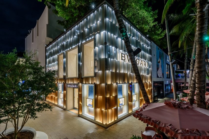 Exterior of the Bulgari store illuminated at night