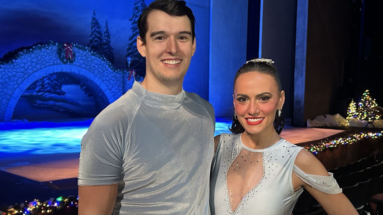 Christian Reekie (left) and Juliana Cannarozzo, stars of Christmas on Ice at Busch Gardens’ Christmas Town event, continuing through Jan. 5. (Spectrum News/Roger Johnson)