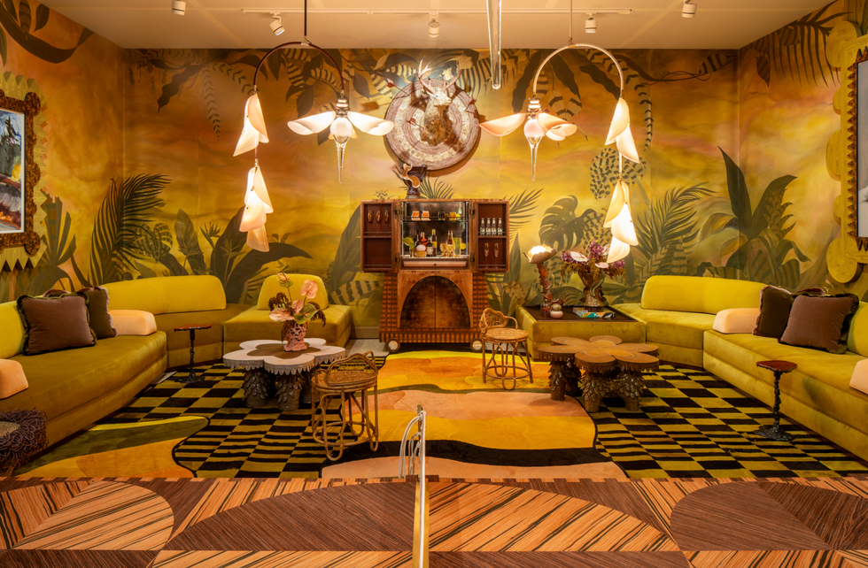 Interior design featuring vibrant walls and unique furniture arrangement. Interior design featuring vibrant walls and unique furniture arrangement.