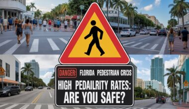 Create a composite overlay collage with images of busy pedestrian streets in fort lauderdale, miami, and west palm beach, and a striking red warning sign that says "danger: high pedestrian fatality rates. " overlay text: "florida pedestrian crisis: are you safe? "