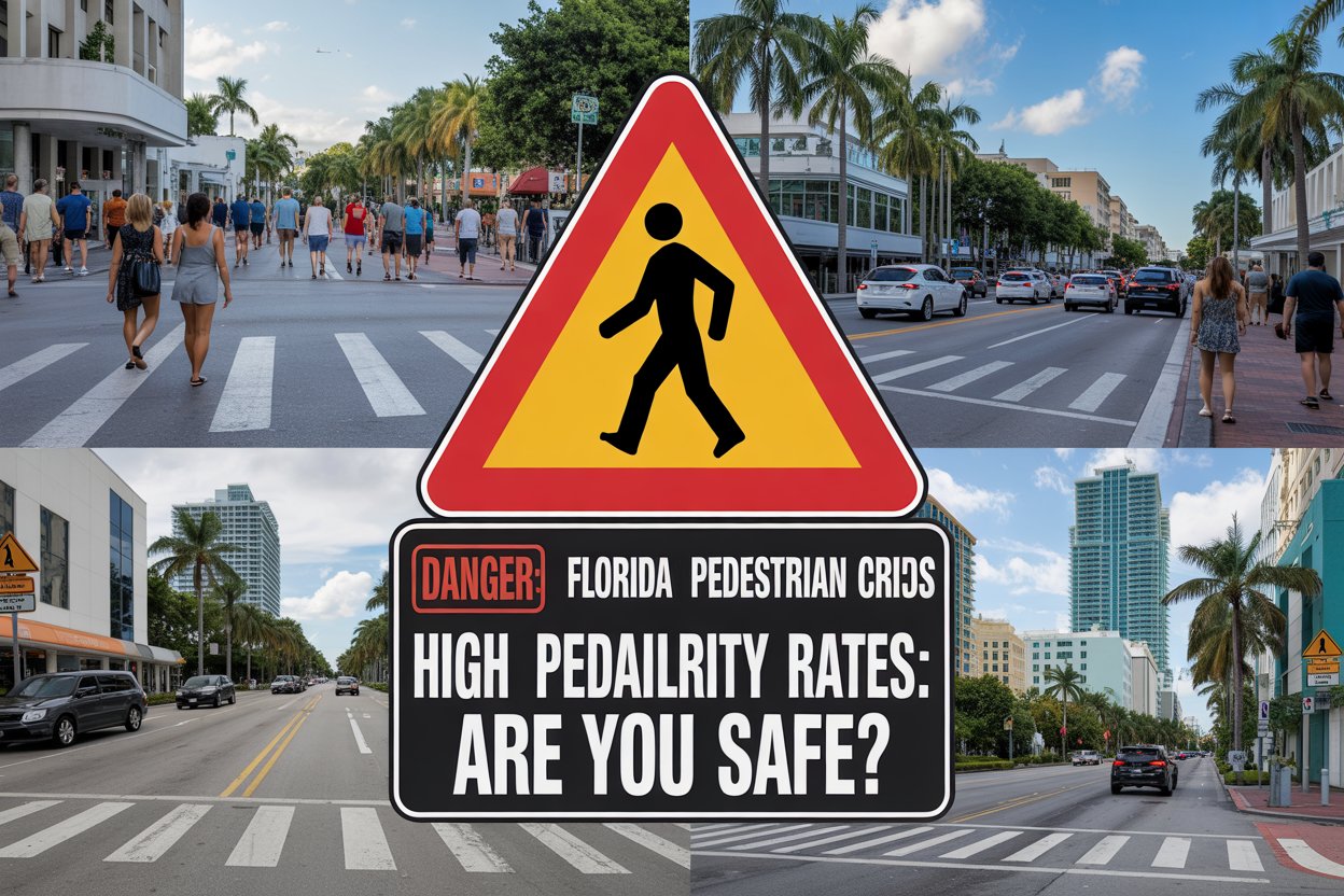 Create a composite overlay collage with images of busy pedestrian streets in fort lauderdale, miami, and west palm beach, and a striking red warning sign that says "danger: high pedestrian fatality rates. " overlay text: "florida pedestrian crisis: are you safe? "