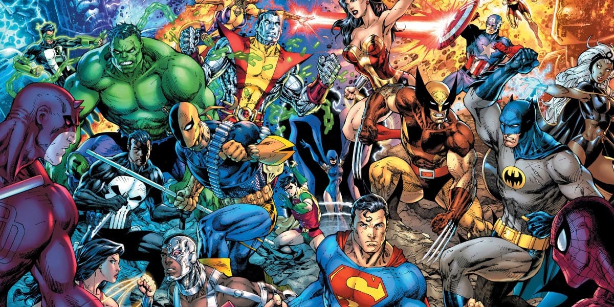 A large group of various superheroes, including characters in green, red, blue, and yellow costumes, are gathered in a dynamic action scene. Some are flying or fighting while others are posed ready for battle. The background is filled with bright, swirling colors.