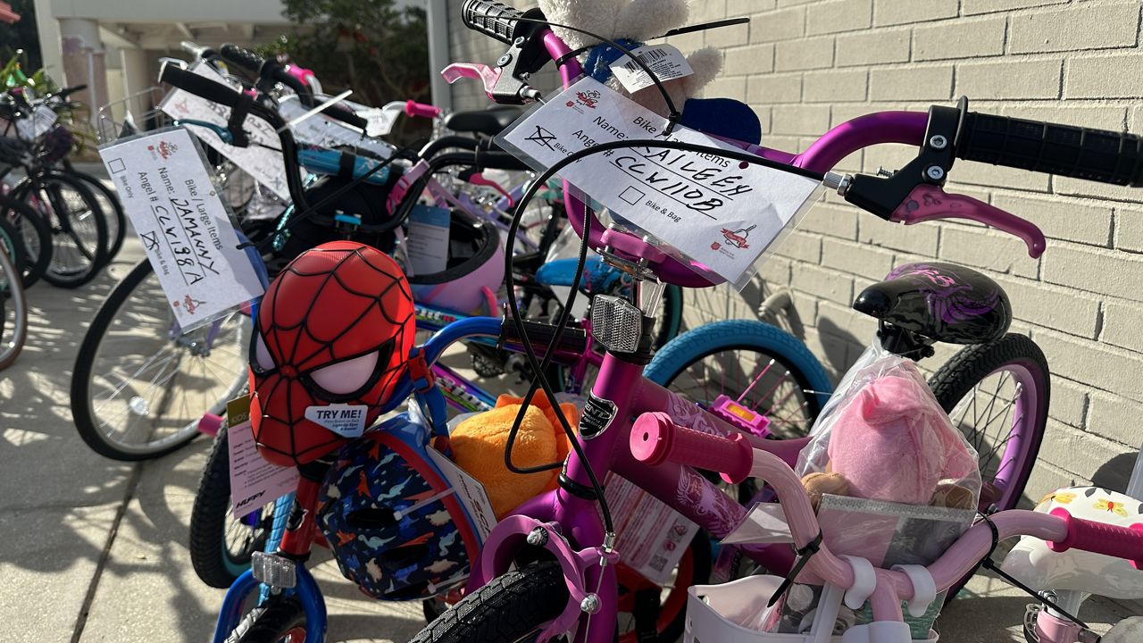 Donated bicycles that are part of the Angel Tree program await pickup at the Salvation Army's headquarters in Clearwater. (Spectrum News/Angie Angers)