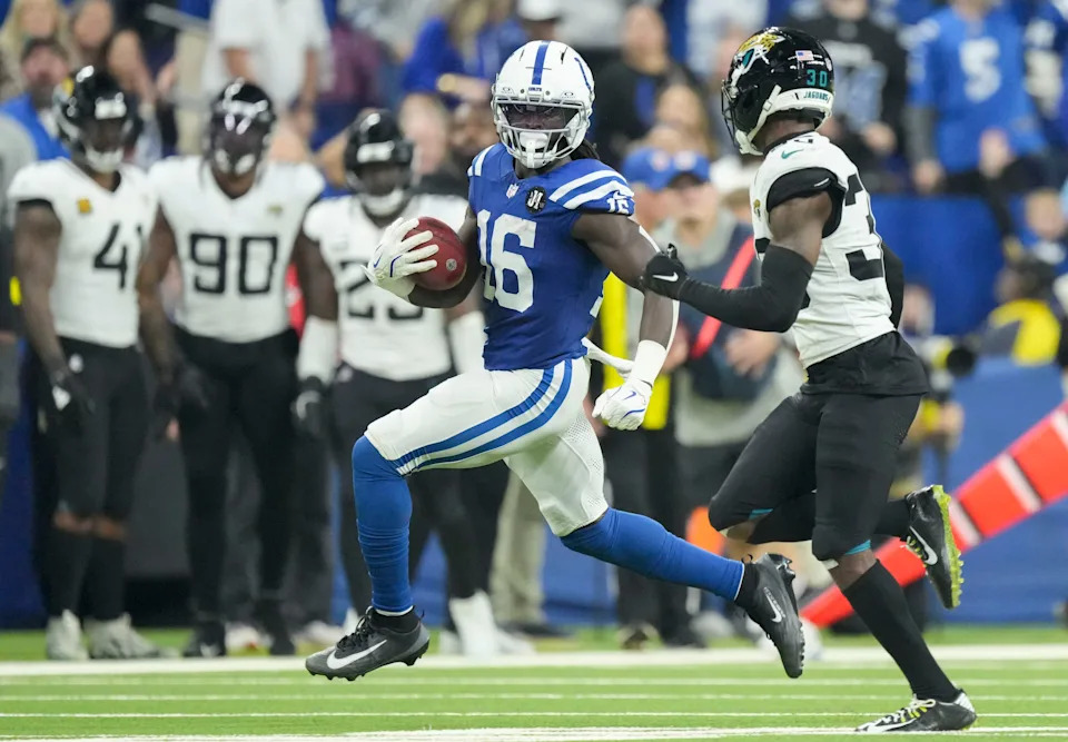 Indianapolis Colts wide receiver Ashton Dulin (16) works to move past Jacksonville Jaguars cornerback Montaric Brown (30) on a kickoff return Sunday, Dec. 28, 2025, during a game at Lucas Oil Stadium in Indianapolis.