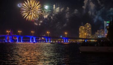 photo of fireworks over a Miami bridge and ocean at night