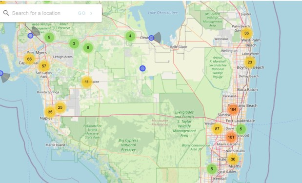 Various types of automated license plate recognition cameras are shown on a map, with locations based on crowd-sourced information. The clusters show the number of cameras reported in an area, some of which were identified as Flock cameras. (Will Freeman/Courtesy)