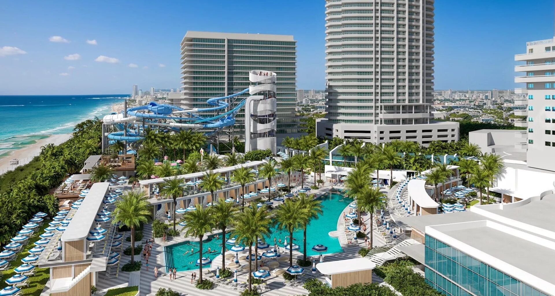 rendering of an overhead view of a hotel pool with a water park in the background