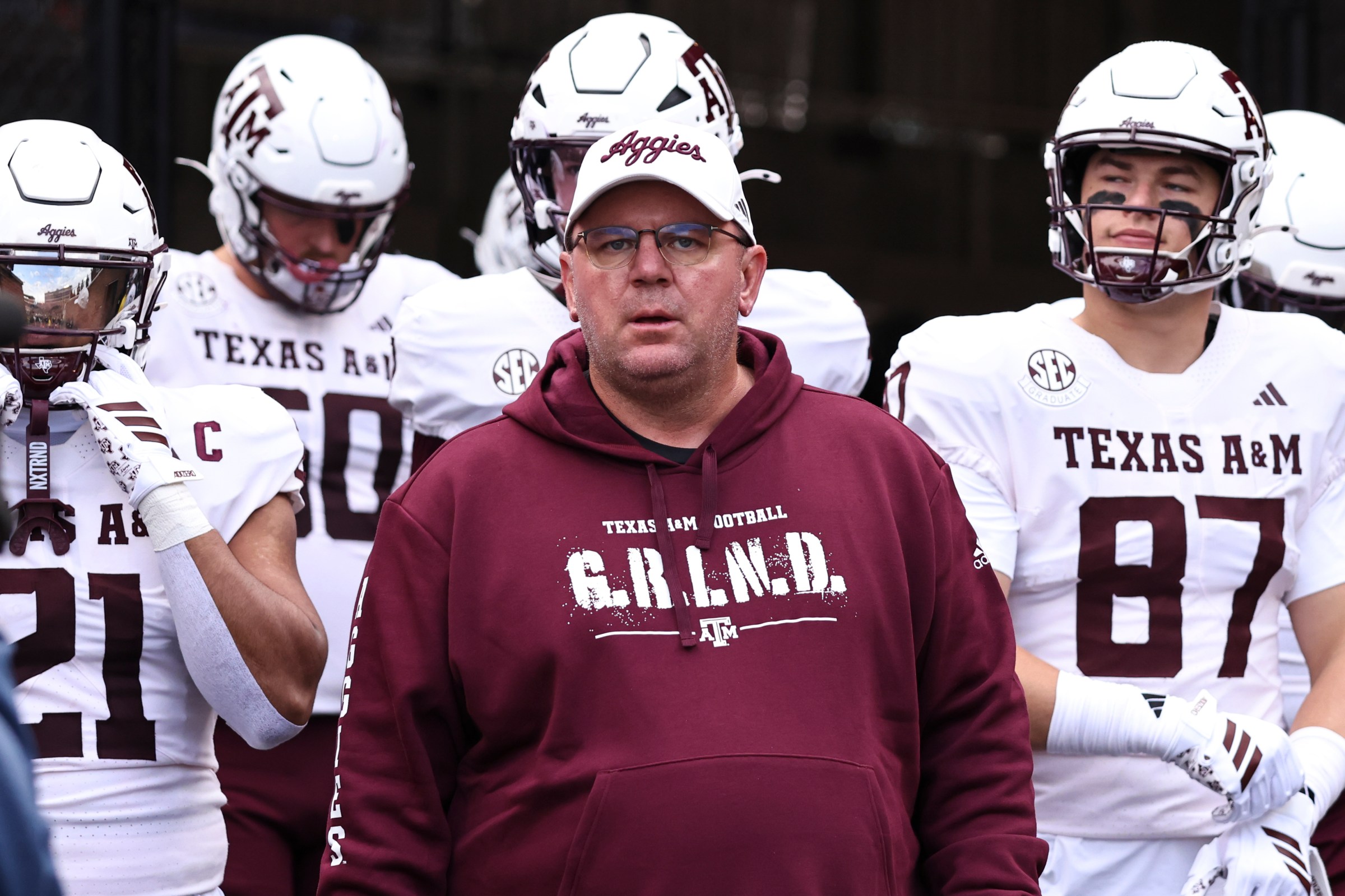 COLUMBIA, MO - NOVEMBER 08: Texas A&M Aggies head coach Mike Elko prepares to lead his team onto the field before an SEC football game between the Texas A&M Aggies and Missouri Tigers on November 8, 2025 at Memorial Stadium in Columbia, MO. (Photo by Scott Winters/Icon Sportswire via Getty Images)