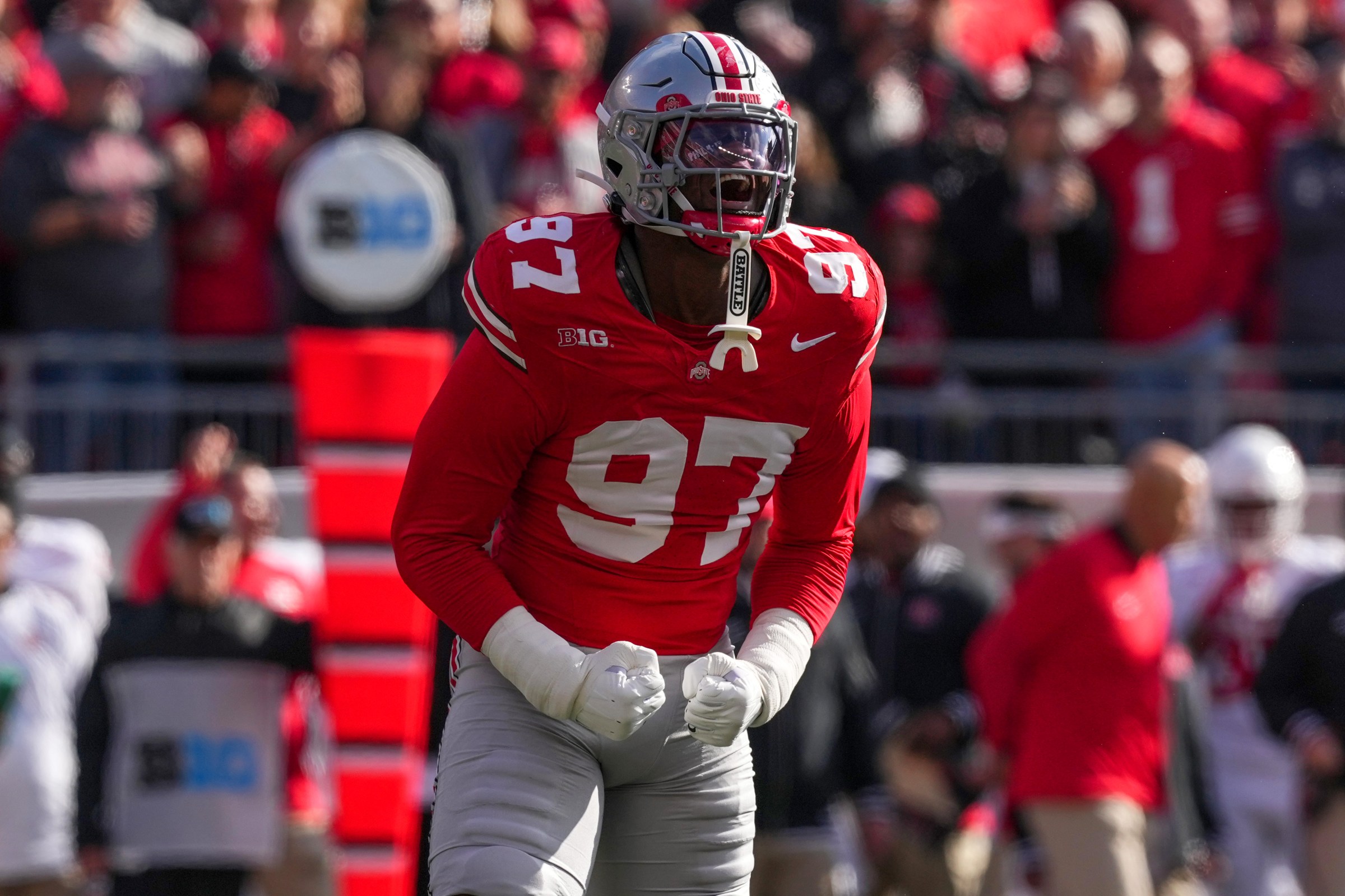 COLUMBUS, OHIO - NOVEMBER 22: Defensive end Kenyatta Jackson Jr. #97 of the Ohio State Buckeyes reacts to a stoppage during the first quarter against the Rutgers Scarlet Knights at Ohio Stadium on November 22, 2025 in Columbus, Ohio. (Photo by Jason Mowry/Getty Images)