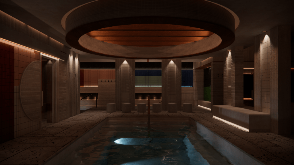 rendering of a dimly lit spa with a pool and wood paneling
