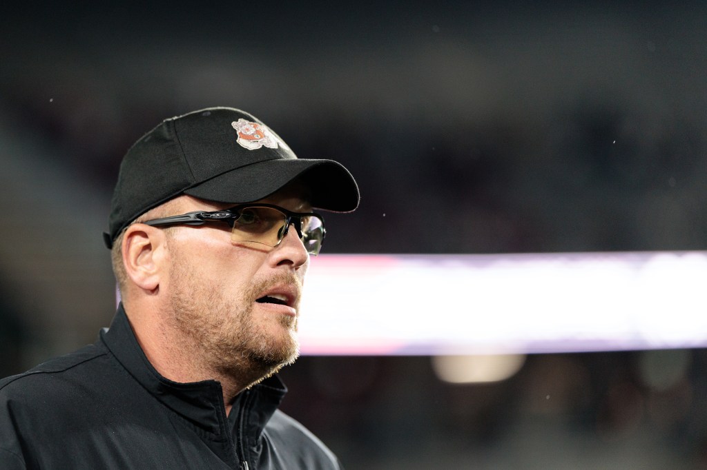 Head coach Matt Entz of the Fresno State Bulldogs walks the field.