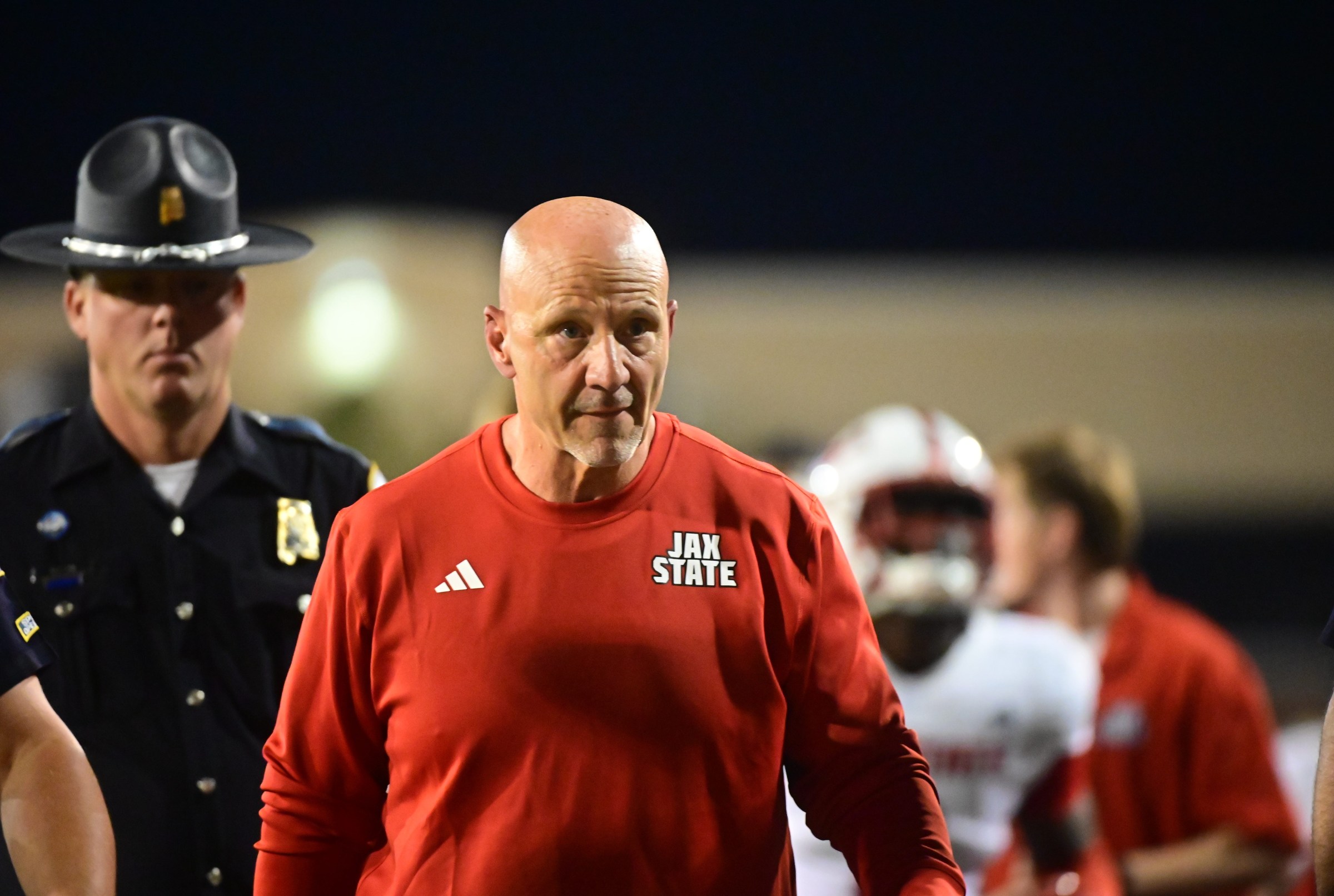 Jacksonville State Gamecocks head coach Charles Kelly walks off the field at halftime during the game against the Southern Miss Golden Eagles at M.M. Roberts Stadium in Hattiesburg, Miss. on Sept. 27, 2025.