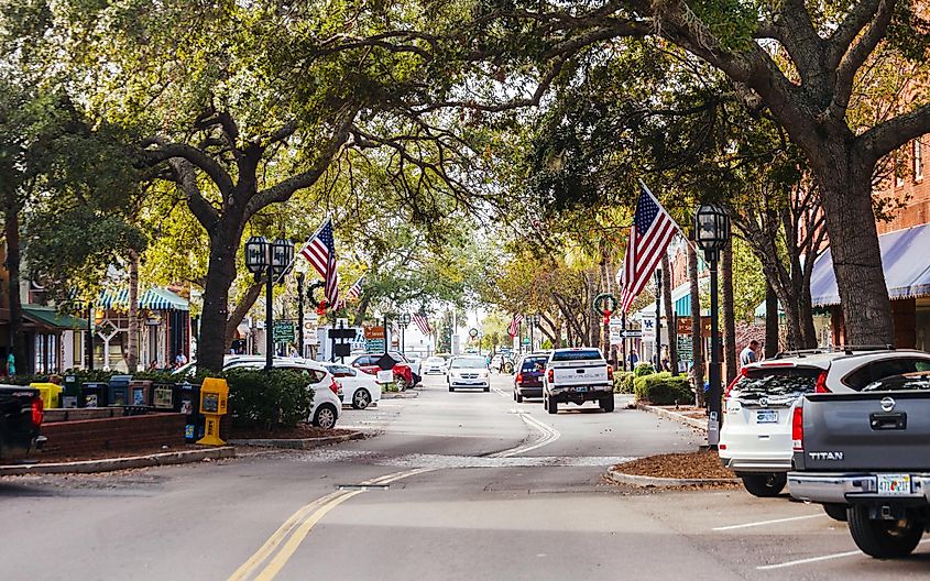 Main street of Historic town center of Fernandina Beach on Amelia Island.